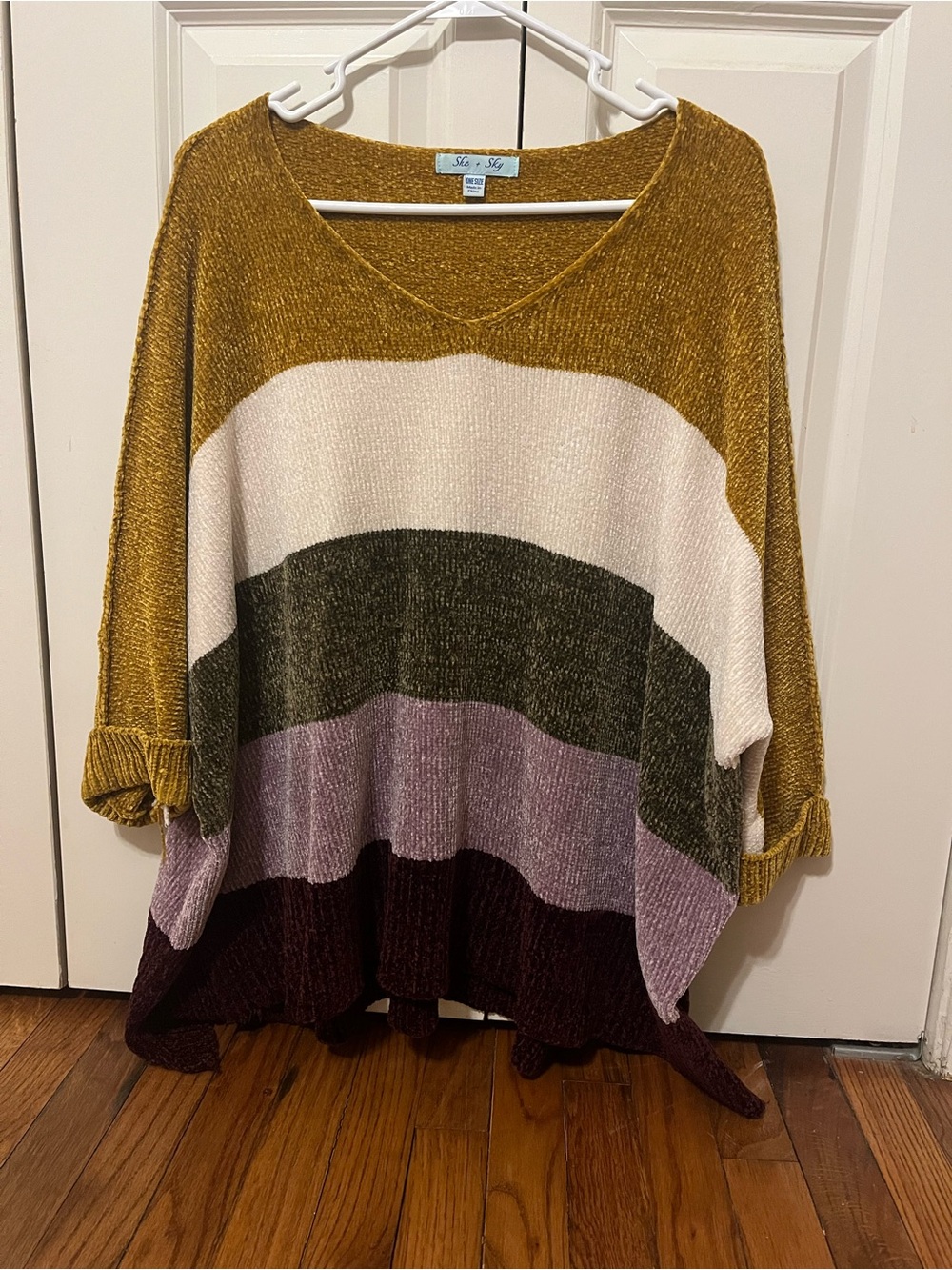 She and Sky Striped V-Neck Sweater in Mustard, Cream, Olive, Mauve & Plum